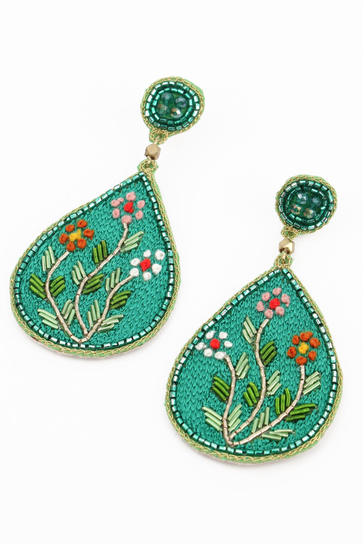 BLUE EMBROIDERY FOLK FLORAL TEARDROP EARRINGS